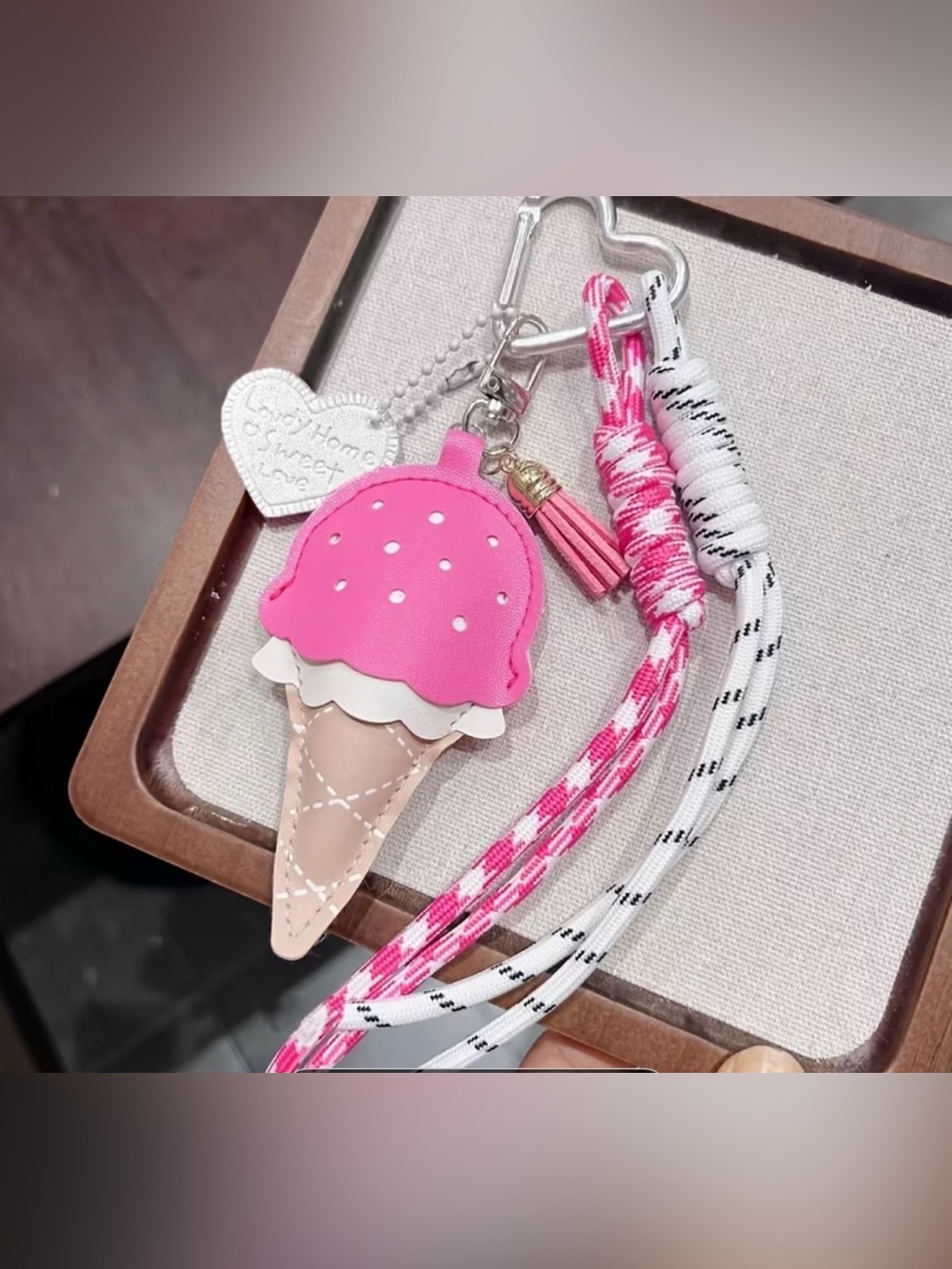 Pink Ice Cream Cone Keychain Charm with Tassel and Heart Tag